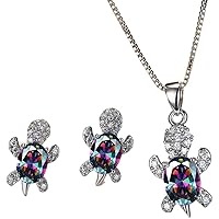 Turtle Necklace and Earring Set Turtle Pendant Necklace Small Sea Turtle Shaped Crystal Necklace Cute Animal Neck Chain Jewellery Sets for Women Girls