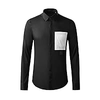 通用 Men's Shirt Black and White Pocket Stitching Business Slim Casual Men's Long Sleeve Shirt,Black,XXL