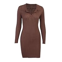 Women's Long Sleeve Ribbed Knit Bodycon Dress Polo Neck Fitted Dresses