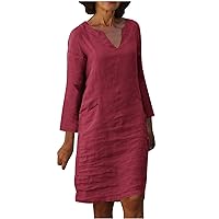 Cotton Linen Dress for Women Casual Summer V Neck Knee Dresses Long Sleeve Solid Baggy Tunic Dress for Office