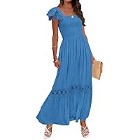 ZESICA Women's 2024 Summer Lace Strap Sleeveless Square Neck Smocked High Waist Ruffle Hollow Out Flowy A Line Maxi Dress