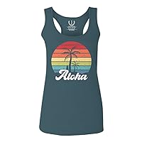 Vintage Retro Sunset Aloha Beach Hawaii Hawaiian Palm surf Tree Vacation Women's Tank Top Racerback