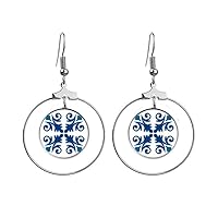 Morocco Decorative Flower Blue Pattern Earrings Dangle Hoop Jewelry Drop Circle