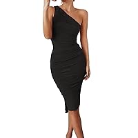GEMEIQ Women’s Ruched One Shoulder Bodycon Midi Dress Sexy Sleeveless Cocktail Party Pencil Dresses Black S