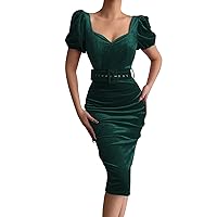 Spring Dresses for Women 2024 Plus Size 3XL, Spring and Summer Solid Color Waistband Sexy Low Neck Bubble Slee