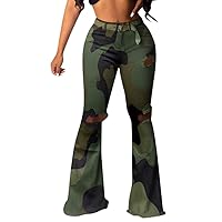 Women Camouflage Prints Jeans High Waist Denim Bell Bottom Distressed Ripped Plus Size Pants