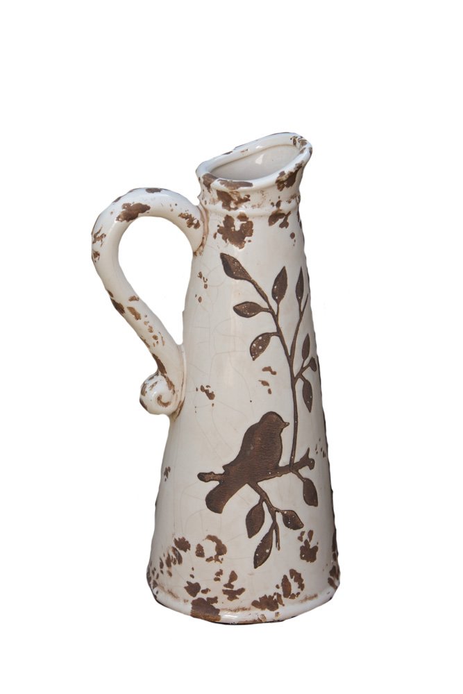 Your Heart's Delight Birds 'n Branches Pottery Pitcher, 13 by 4-3/4-Inch, White