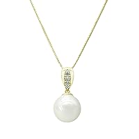 Single Pearl Pendant 14k Gold Necklace, 10mm Single Freshwater Pearl Plated Sterling Silver Zirconia Gold Necklaces, Necklaces for Wedding