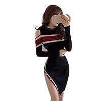 Chic Striped Shoulder Knit Dress Women High Waist Button Dresses Lady Club Party Slim Mini