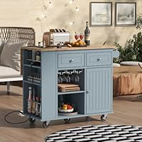 Elefesign Kitchen Island with Power Outlet, Kitchen Storage Island with Drop Leaf and Rubber Wood, Open Storage and Wine Rack, 5 Wheels with Adjustable Storage for Kitchen and Dining Room, Grey Blue