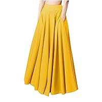 Womens Pleated Flowy Skirts Solid Color Summer Long Skirt with Pockets, Teen Girls Stretchy Swing Skirt Maxi Skirts