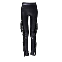 Fashion Faux Leather Pants for Women's High Waist Fringe Slim Butt Lifting Stretchy Skinny PU Leather Trousers