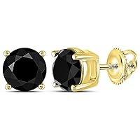 10kt Yellow Gold Unisex Round Black Color Enhanced Diamond Solitaire Earrings 3.00 Cttw