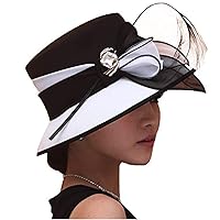Women Church Hats Formal Dress Derby Hats with Feather Elegant Bucket Hats (Black/White)