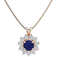 Beautiful Round Shape Created Blue Sapphire & Cubic Zirconia 925 Sterling Sliver Halo Cluster Pendant Necklace for Women's,Girls 14K White/Yellow/Rose Gold Plated