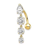 Real 10k Gold Simulated Diamond 4-stone Long Drop Belly Ring - Belly Piercing for Women - Real Gold Belly Button Rings – Hypoallergenic