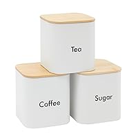 Juvale Coffee Tea Sugar Container Set - White Iron Kitchen Canister Set with Bamboo Lids (3 Pieces, 48 oz)