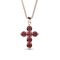 0.66 ctw Natural Round Red Garnet Cross Pendant 14K Gold. Included 18 inches 14K Gold Chain.