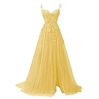Lace Applique Prom Dresses for Teens Tulle Long Ball Gowns with Slit Formal Wedding Party Dress