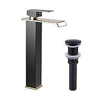 Bathroom Vessel Faucet Black Gold Waterfall One Hole Bowl Sink Faucet Bathroom Faucets Tall Single Handle Bath Vanity Matching Drain Without Overflow Black