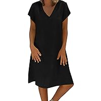 Summer Linen Dress for Women 2023 Casual Knee Length Dresses Lady Fashion Sundress Short Sleeve V Neck Tunic Dress