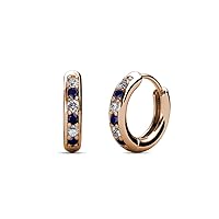 Petite Blue Sapphire & Natural Diamond 1/5 ctw Huggies Hoop Earrings 14K Gold