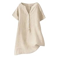 Oversized Cotton Linen Tops for Women Short Sleeve V Neck Button Down Blouse Summer Casual Loose Fit Tunic Shirts