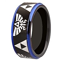 FREE Custom Engraving The Legend of Zelda Ring- Crest and Triforce Ring Black and Blue Step Tungsten Carbide Wedding Bands Ring