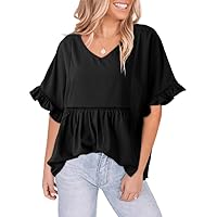 Dokotoo Womens Blouses Smocked Casual V Neck Ruffle Bell Half Sleeve Shirts Top