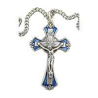 Religious Gifts Silver Toned Base and Blue Enamel Medal Jesus Christ Cross Crucifix, 1 7/8 Inch