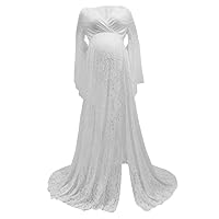 Maternity Photography Dress V Neck Lace Long Sleeve Maternity Maxi Dress for Pregnant White L Dresses