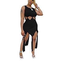 Bluewolfsea Women Summer Sleeveless Knotted Cutout Tank Bodycon Maxi Dress with Slit Sexy Party Club Dresses