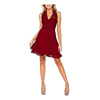 Womens Red Lace Zippered Sheer Lined Tie Waist Padded Long Sleeve Halter Short Party Fit + Flare Dress Juniors XXS