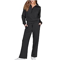 Women 2 Piece Outfits Fall Sweatsuit Set Half Zip Sweatshirt Wide Leg Sweatpants Matching Suit Jogger Tracksuit