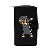 Dachshund Cropped Womens Leather Wallets Slim Card Holder Purse RFID Blocking Bifold Clutch Handbag Zippered Pocket