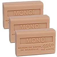 Savon de Marseille - French Soap made with Organic Shea Butter - Monoi Fragrance - Suitable for All Skin Types - 125 Gram Bars - Set of 3