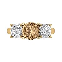 Clara Pucci 3.22ct Round Cut Solitaire three stone Brown Champagne Simulated Diamond designer Modern Statement Ring Real 14k Yellow Gold