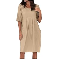 Women Cotton Linen Short Sleeve Dress Plus Size Casual Pleated Crew Neck Loose Baggy Beach Knee Length Pockets Dresses