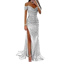Sequin Prom Dresses for Women 2024 Off Shoulder Formal Dress V-Neck Long Ball Gown with Slit Evening Party Dress