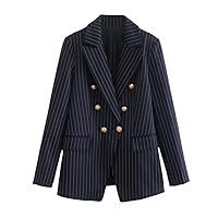 Women's Pinstripe Double-Breasted Suit Commuter Chic Slim Fit Office Lady Navy Blue Matching Color Short Jacket Top