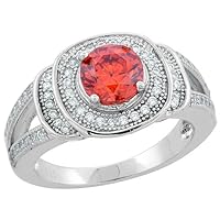 Sterling Silver Round Red Orange Sapphire Ring CZ Accents Rhodium Finish, 15/32 inch Wide, Sizes 6-9
