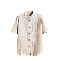 Chinese-Style Men's Short-Sleeve T-Shirt for Young Men, Casual Retro Cardigan, Standing Collar, Loose Shirt