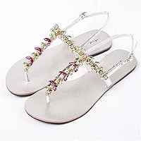 Summer Women Flat Sandals Diamond Lady T-Strap Thong Flip Flops Beach Slippers Plus Size Silver 12