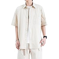 通用 Spring/Summer Cotton Mid Sleeve Shirt Men's Loose Casual Lapel Top Cotton Cardigan Jacket,2,L