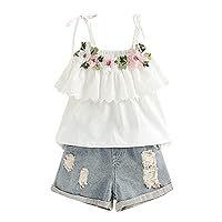Baby Girl Embroidery Dress T-shirt+Denim Shorts Outfits Toddler Sleeveless Bowknot Tops Shorts Two 𝐏iece