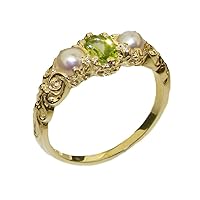 14k Yellow Gold Real Genuine Peridot & Cultured Pearl Womens Band Ring