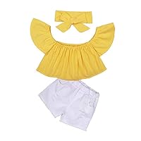 Kids Girls Fashion Outfit Set Yellow Off Shoulder Tops Short Sleeves Shirt+Ripped Denim Shorts White+Headband