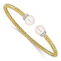 18k Two tone Gold Diamond and Freshwater Cultured Pearl Cuff Stackable Bangle Bracelet Measures 8mm Wide Jewelry for Women