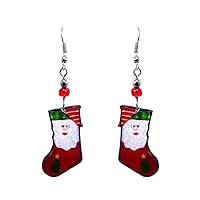 Santa Stocking Christmas Themed Graphic Dangle Earrings - Womens Fashion Handmade Jewelry Holiday Accessories