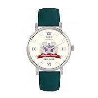 Queen's Platinum Jubilee Crown Watch 2022 for Women, Analogue Display, Japanese Quartz Movement Watch with Dark Green Leather Strap, Custom Made